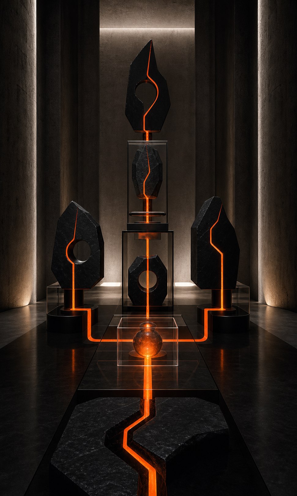 Connected Obsidian forms sharing one illuminated evidence path