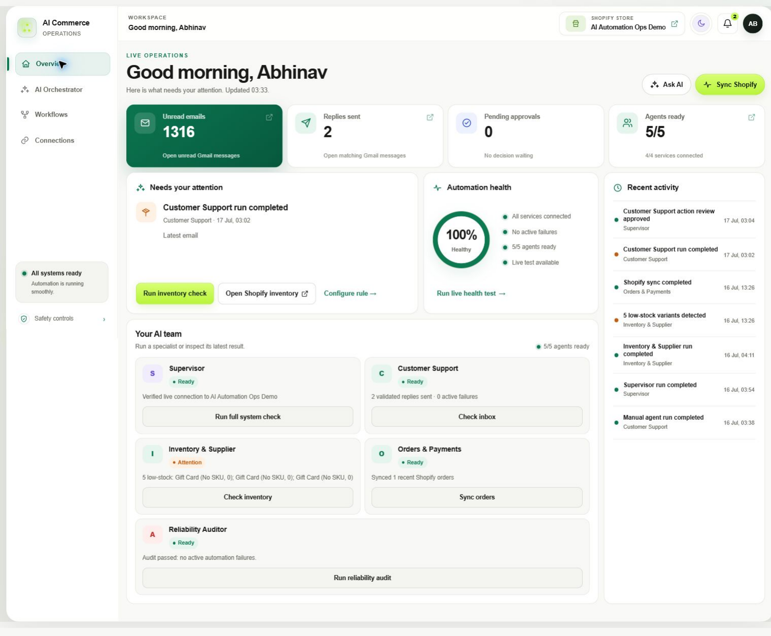 Real Obsidian Commerce dashboard showing Shopify operations, customer email, approvals and automation health